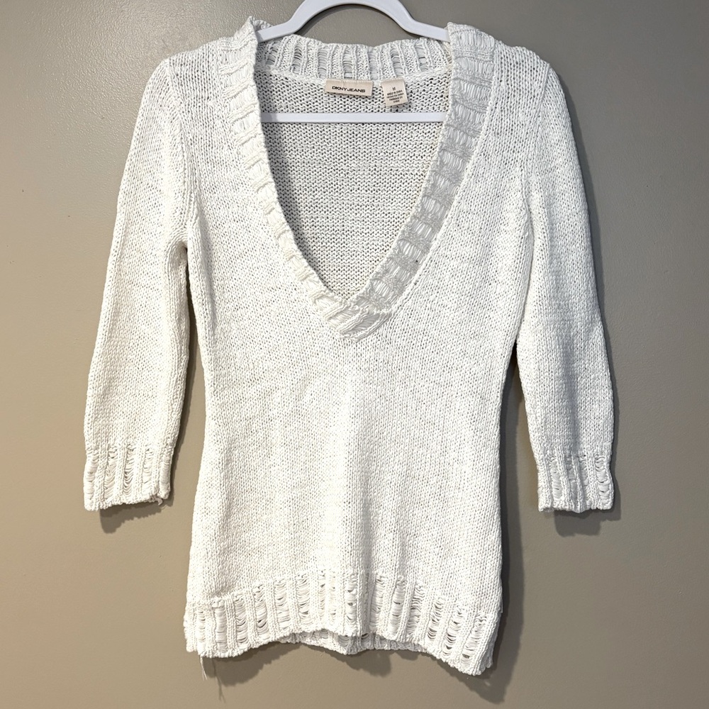 DKNY beachy open knit crochet long sleeve fitted y2k angelcore sweater